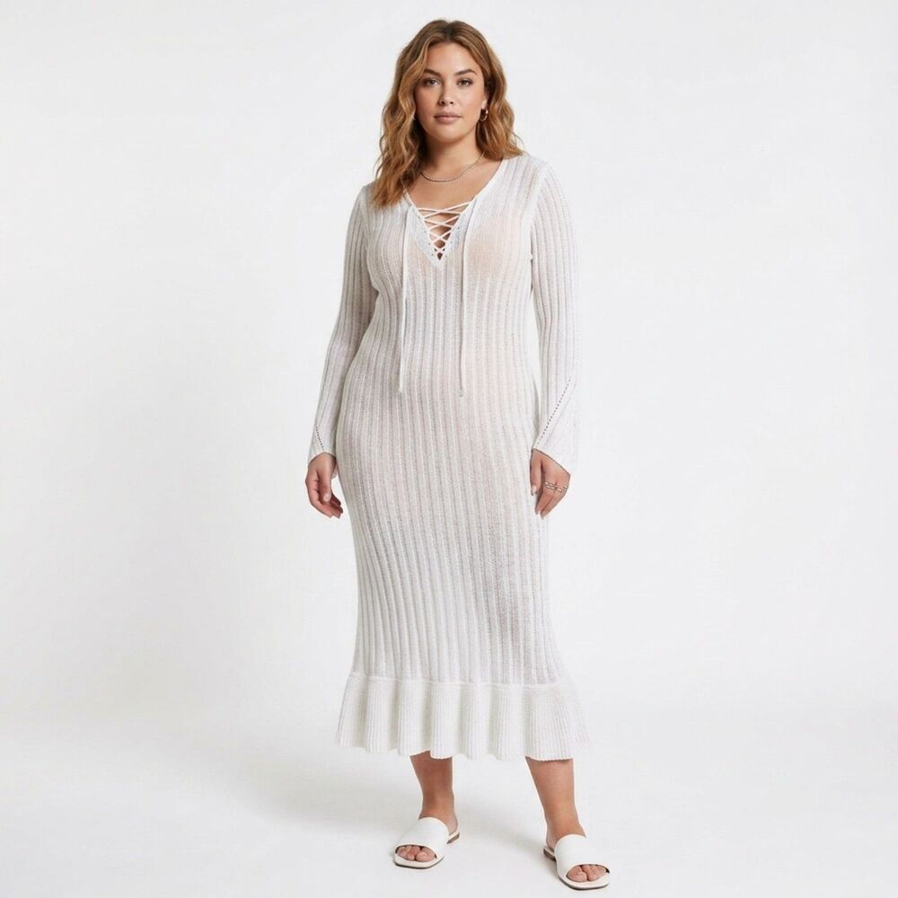Ashley Stewart Long Bell Sleeve Ribbed Knit Flounce Hem Midi Dress White 14/16